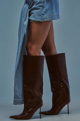 AZALEA WANG MADEYE BROWN CROC KNEE HIGH STILETTO BOOT