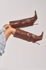 AZALEA WANG MADEYE BROWN CROC KNEE HIGH STILETTO BOOT