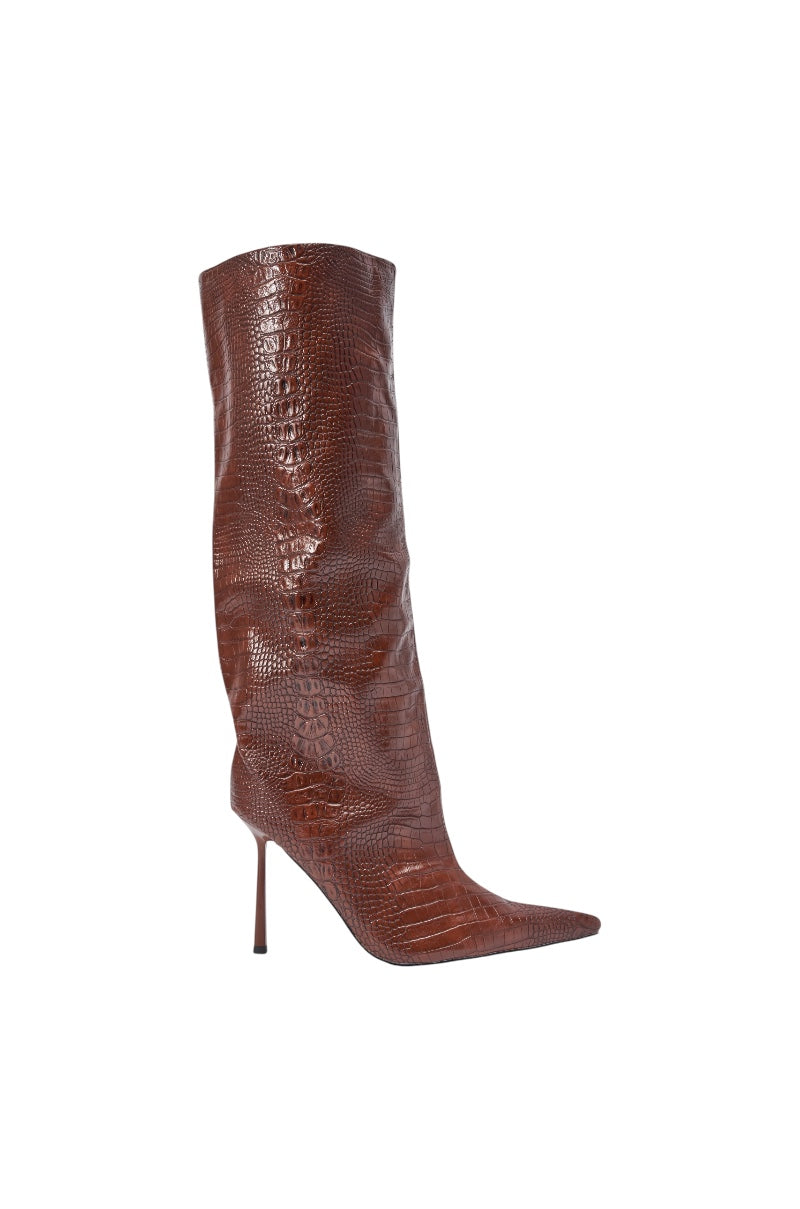 AZALEA WANG MADEYE BROWN CROC KNEE HIGH STILETTO BOOT