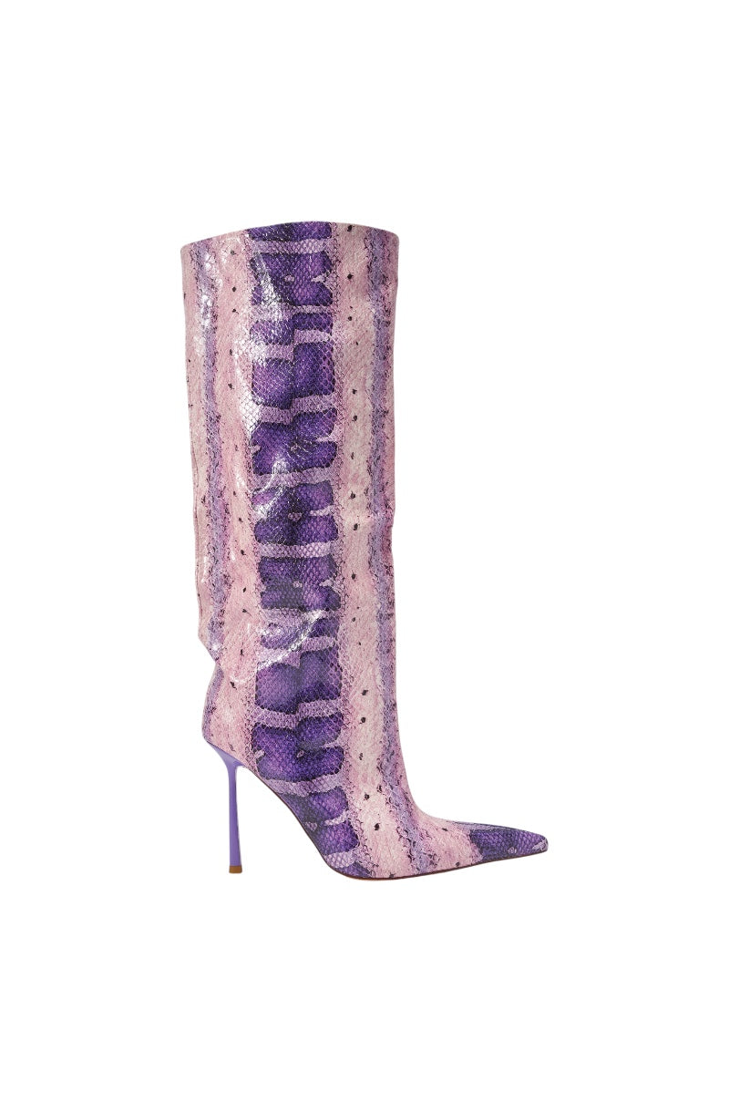 AZALEA WANG MADEYE PURPLE SNAKE KNEE HIGH STILETTO BOOT