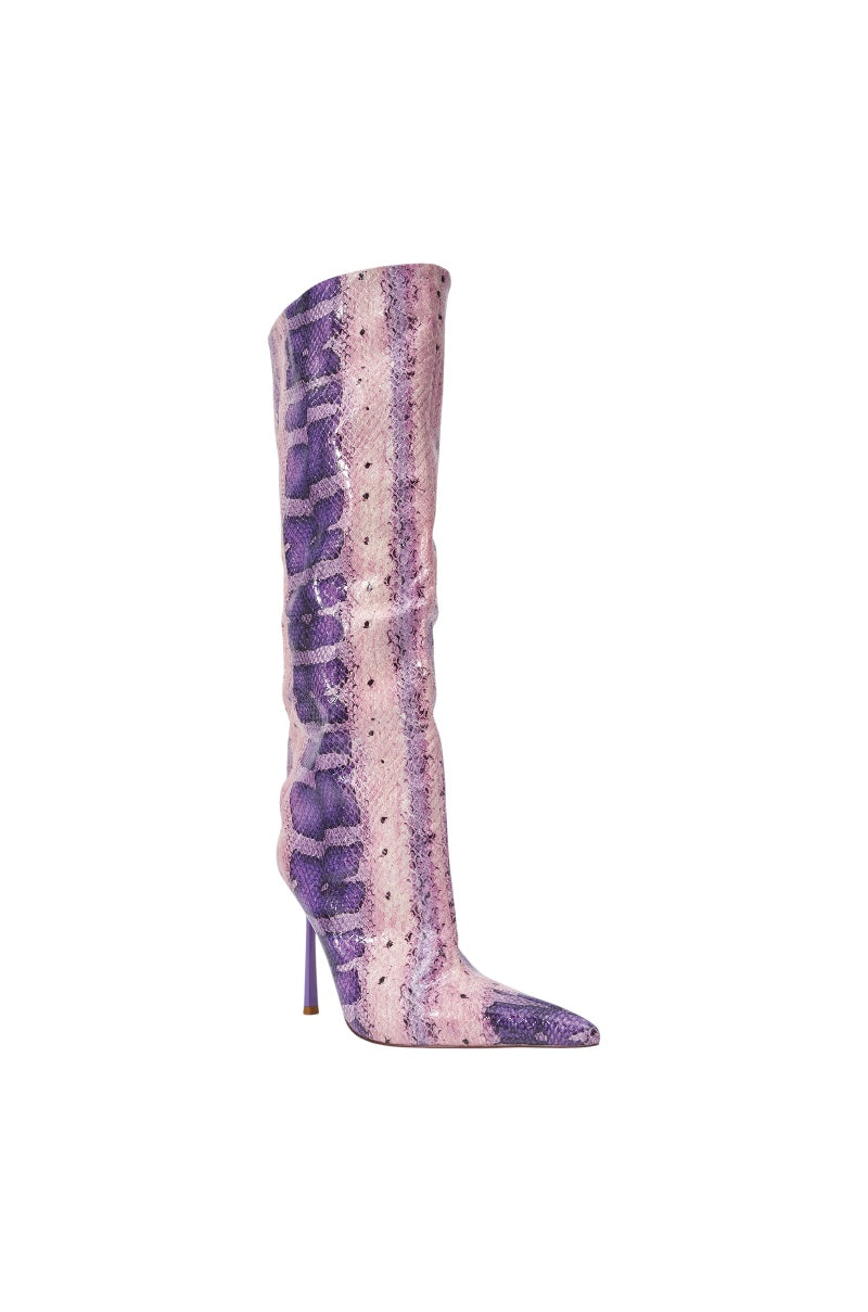 AZALEA WANG MADEYE PURPLE SNAKE KNEE HIGH STILETTO BOOT