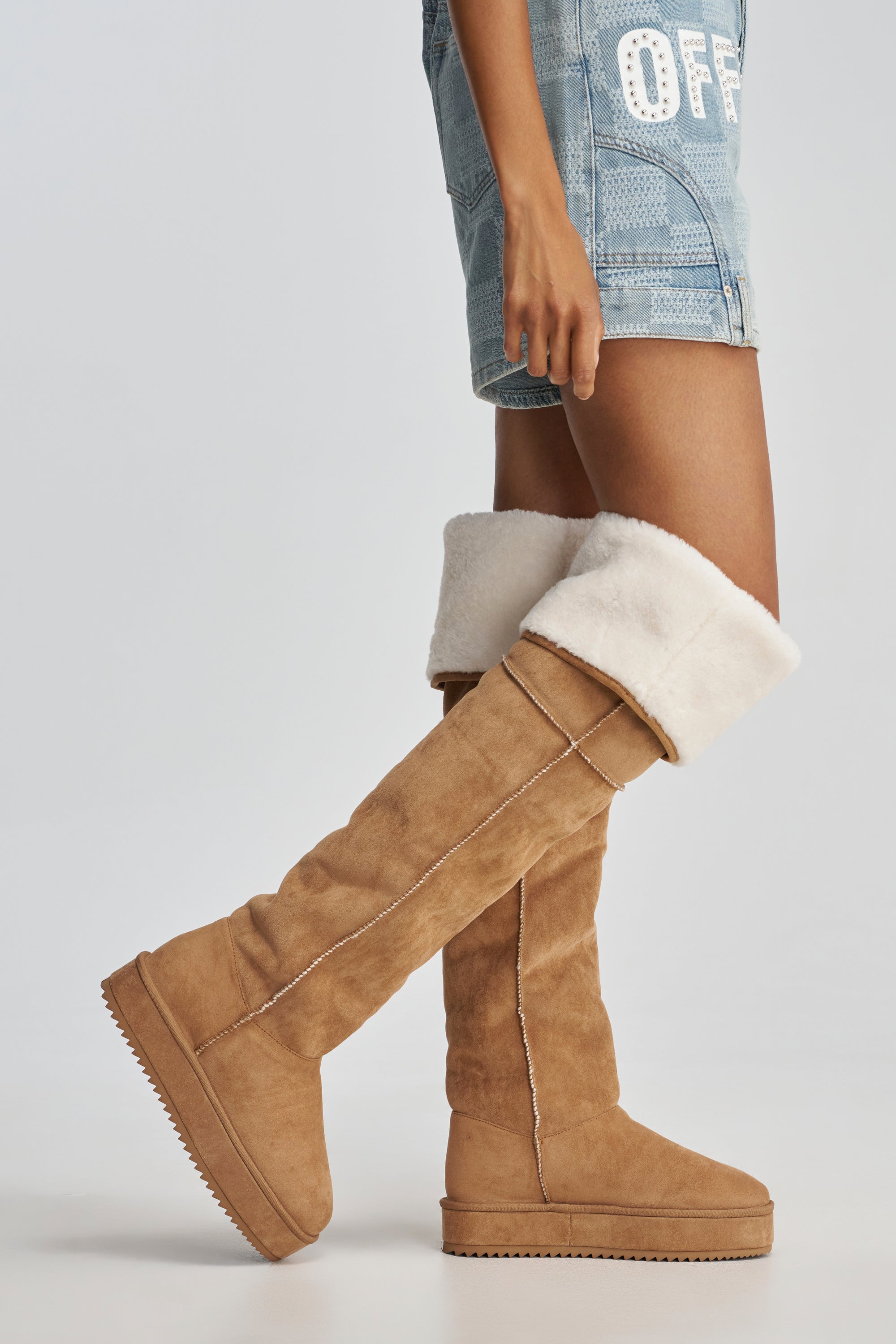 AZALEA WANG MARLOW CHESTNUT FAUX SUEDE SHERLING OVER THE KNEE PLATFORM BOOT