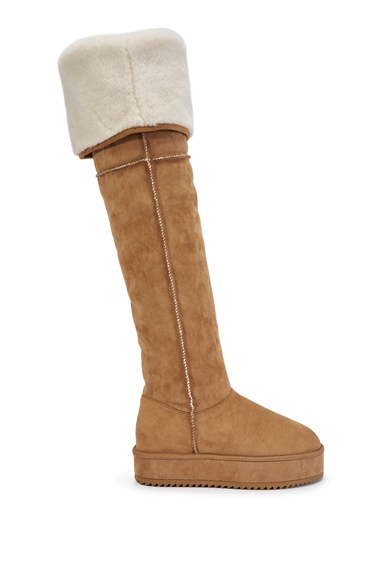 AZALEA WANG MARLOW CHESTNUT FAUX SUEDE SHERLING OVER THE KNEE PLATFORM BOOT