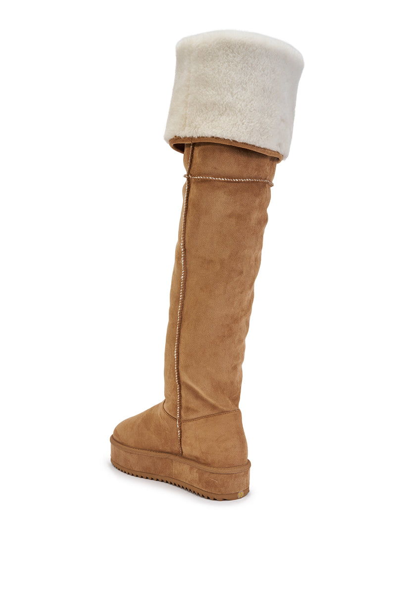AZALEA WANG MARLOW CHESTNUT FAUX SUEDE SHERLING OVER THE KNEE PLATFORM BOOT
