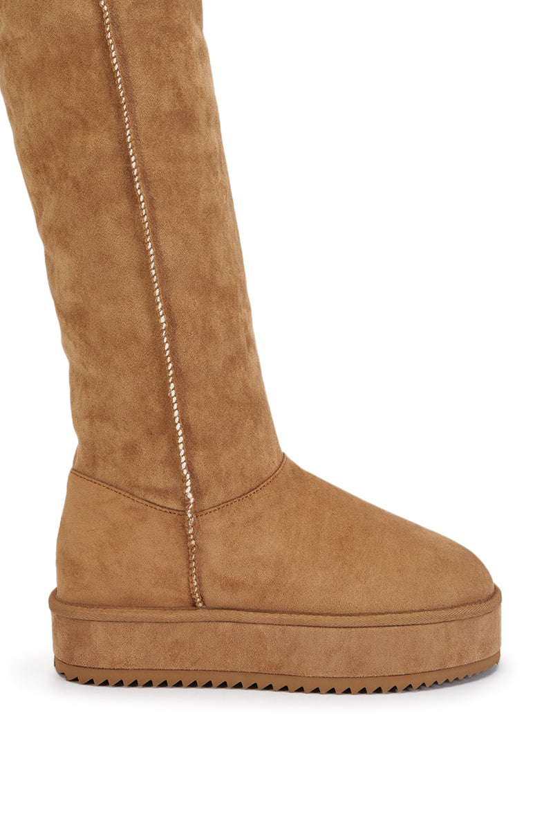AZALEA WANG MARLOW CHESTNUT FAUX SUEDE SHERLING OVER THE KNEE PLATFORM BOOT