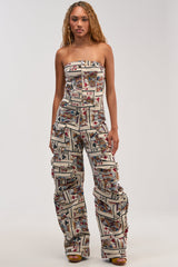 NO ONE LIKE ME CARD PRINT CARGO JUMPSUIT