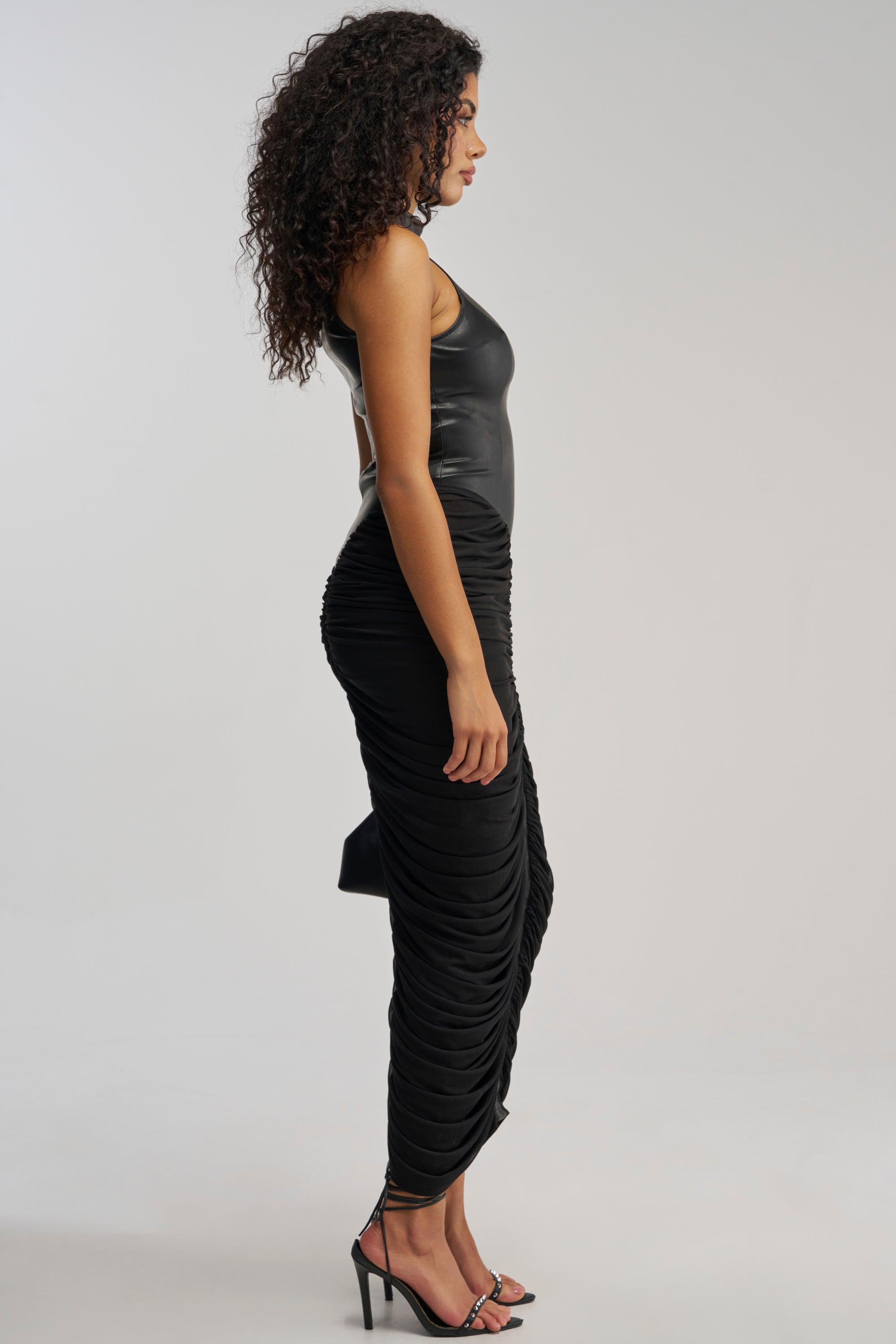YOU NEED ME RUCHED MAXI DRESS IN BLACK