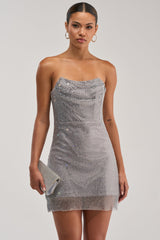 ELECTRIC AURA RHINESTONE STRAPLESS MINI DRESS IN SILVER