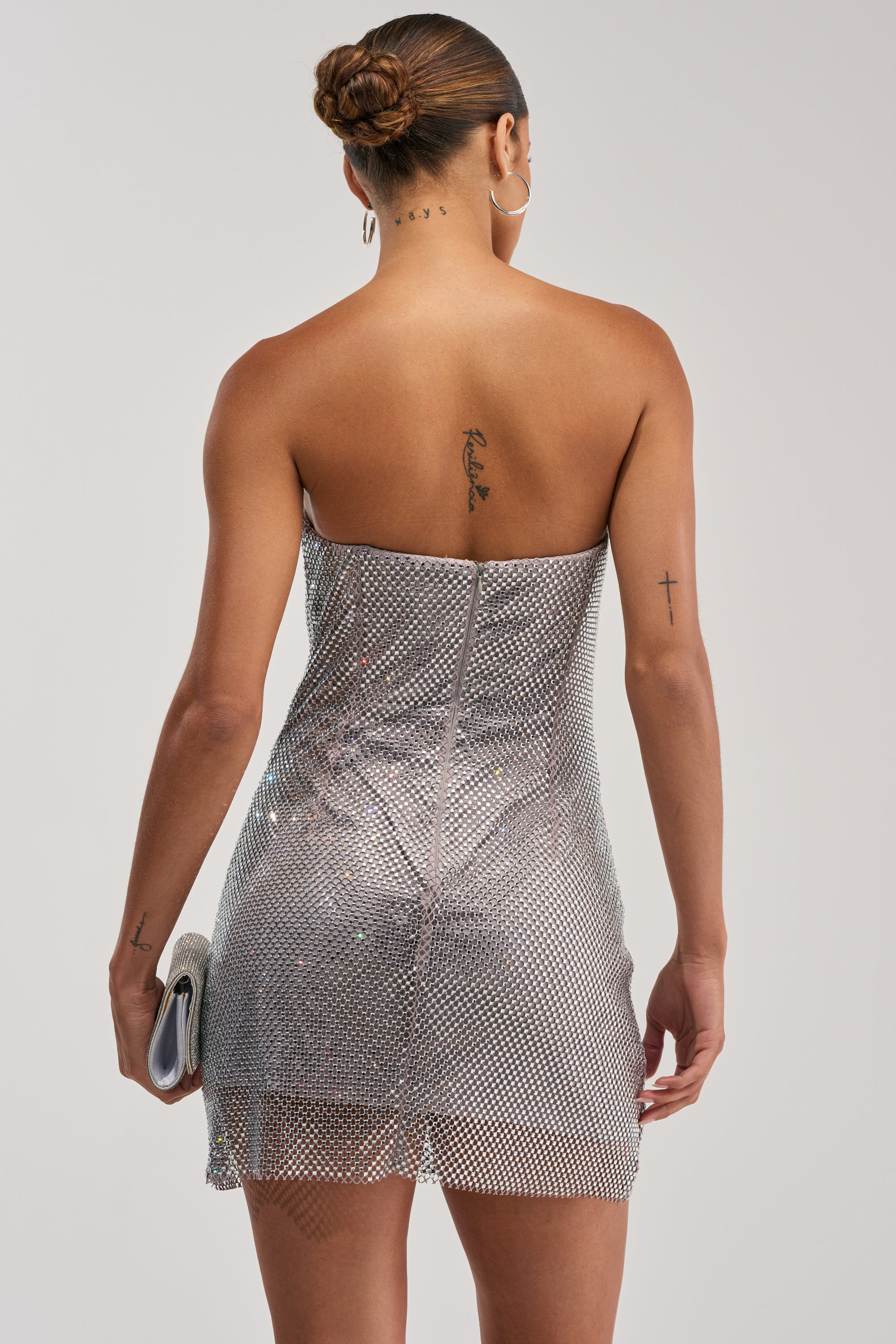 ELECTRIC AURA RHINESTONE STRAPLESS MINI DRESS IN SILVER