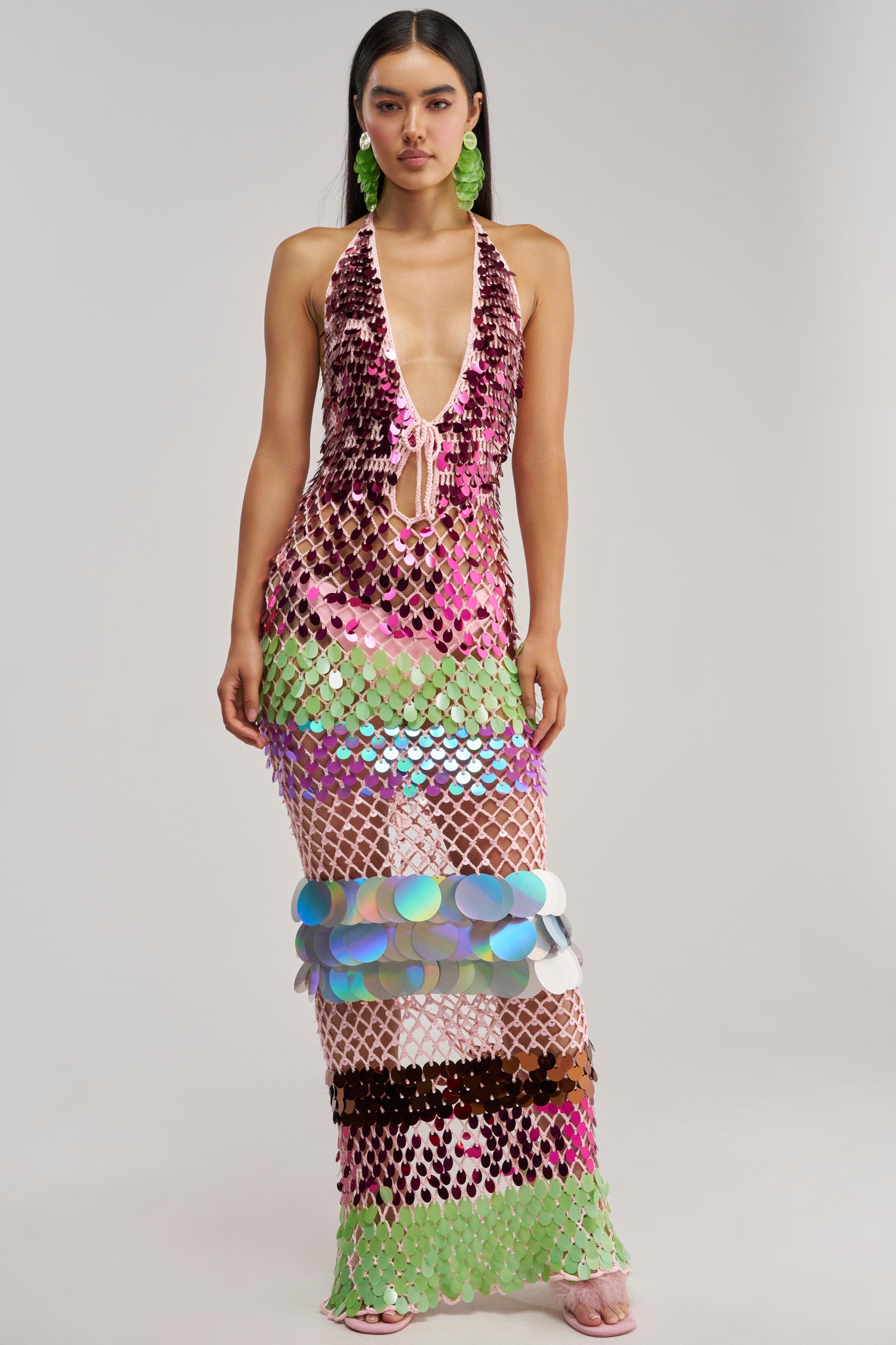 PARTY CRASHER SEQUIN MAXI DRESS IN GREEN MULTI