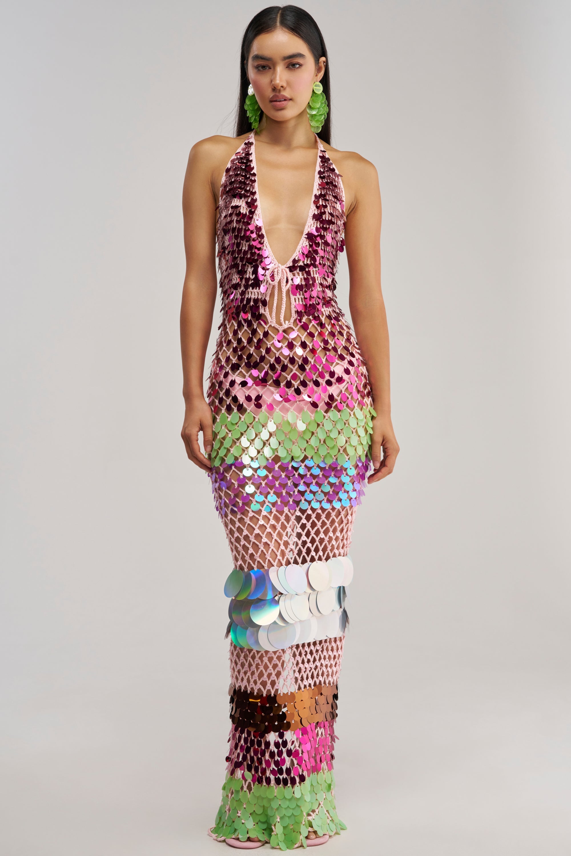 PARTY CRASHER SEQUIN MAXI DRESS IN GREEN MULTI