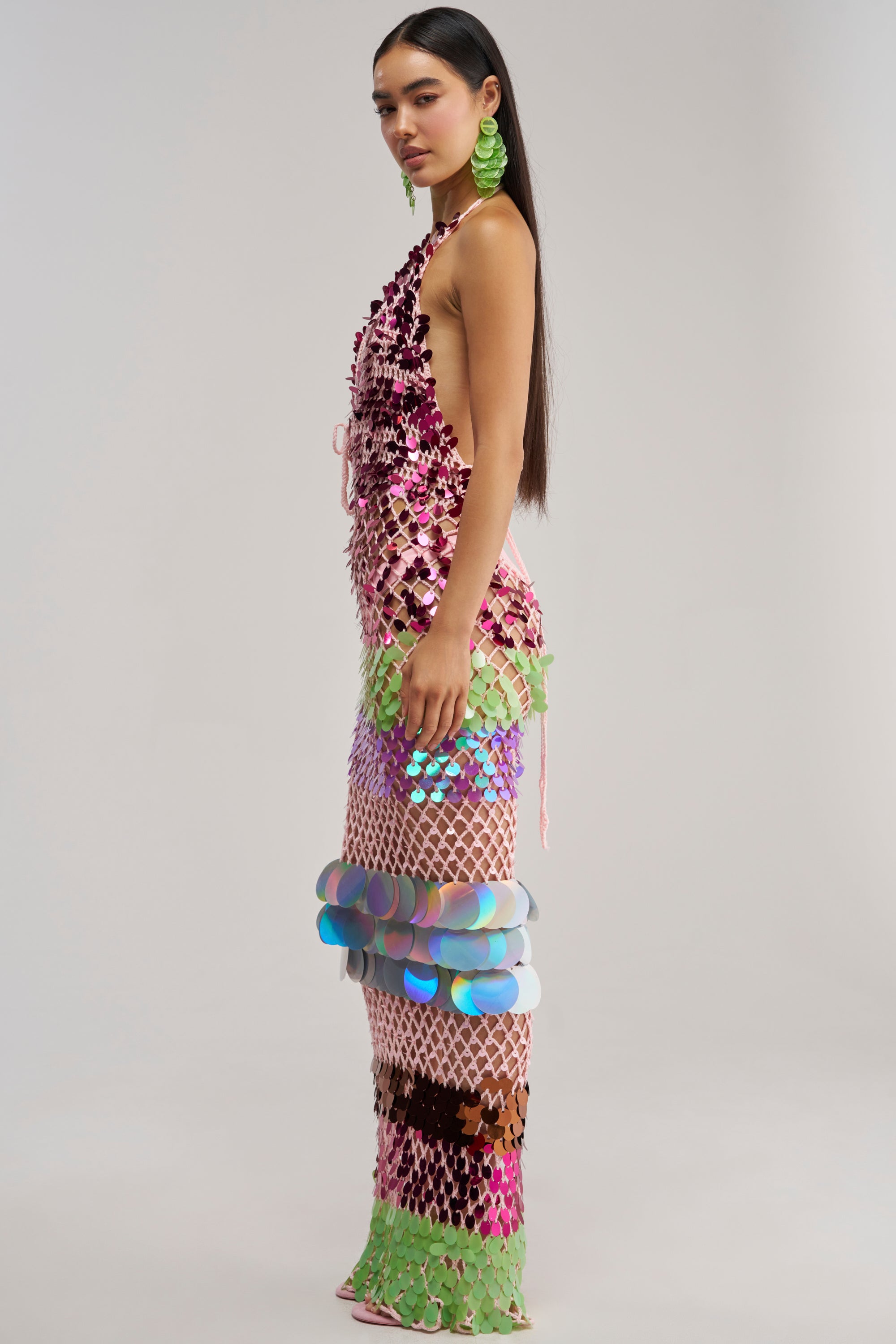 PARTY CRASHER SEQUIN MAXI DRESS IN GREEN MULTI