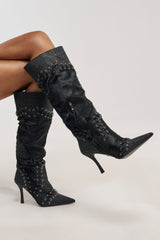 AZALEA WANG NOVAK BLACK PONY HAIR AND LACE UP STILETTO BOOT