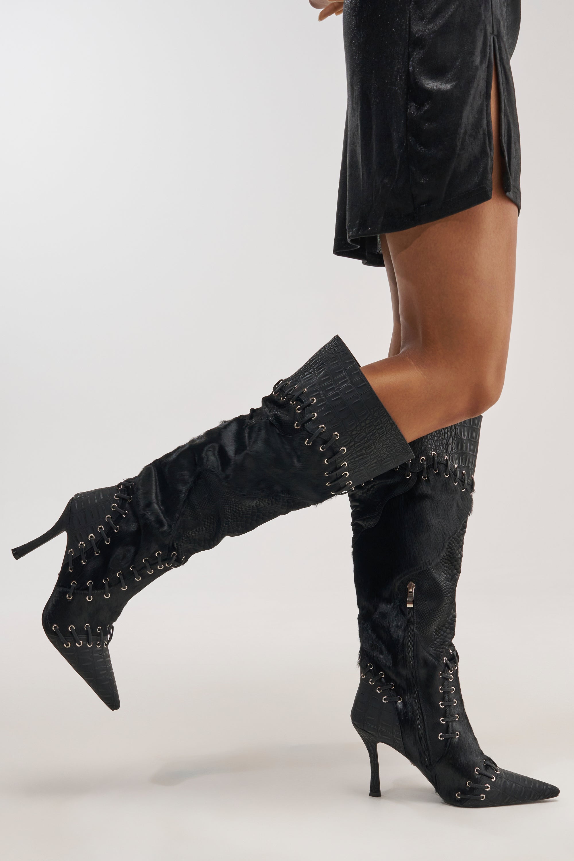AZALEA WANG NOVAK BLACK PONY HAIR AND LACE UP STILETTO BOOT