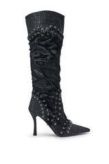 AZALEA WANG NOVAK BLACK PONY HAIR AND LACE UP STILETTO BOOT