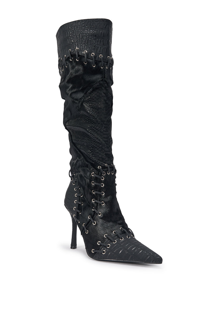 AZALEA WANG NOVAK BLACK PONY HAIR AND LACE UP STILETTO BOOT