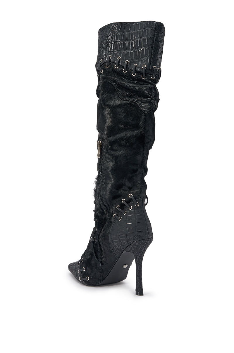 AZALEA WANG NOVAK BLACK PONY HAIR AND LACE UP STILETTO BOOT