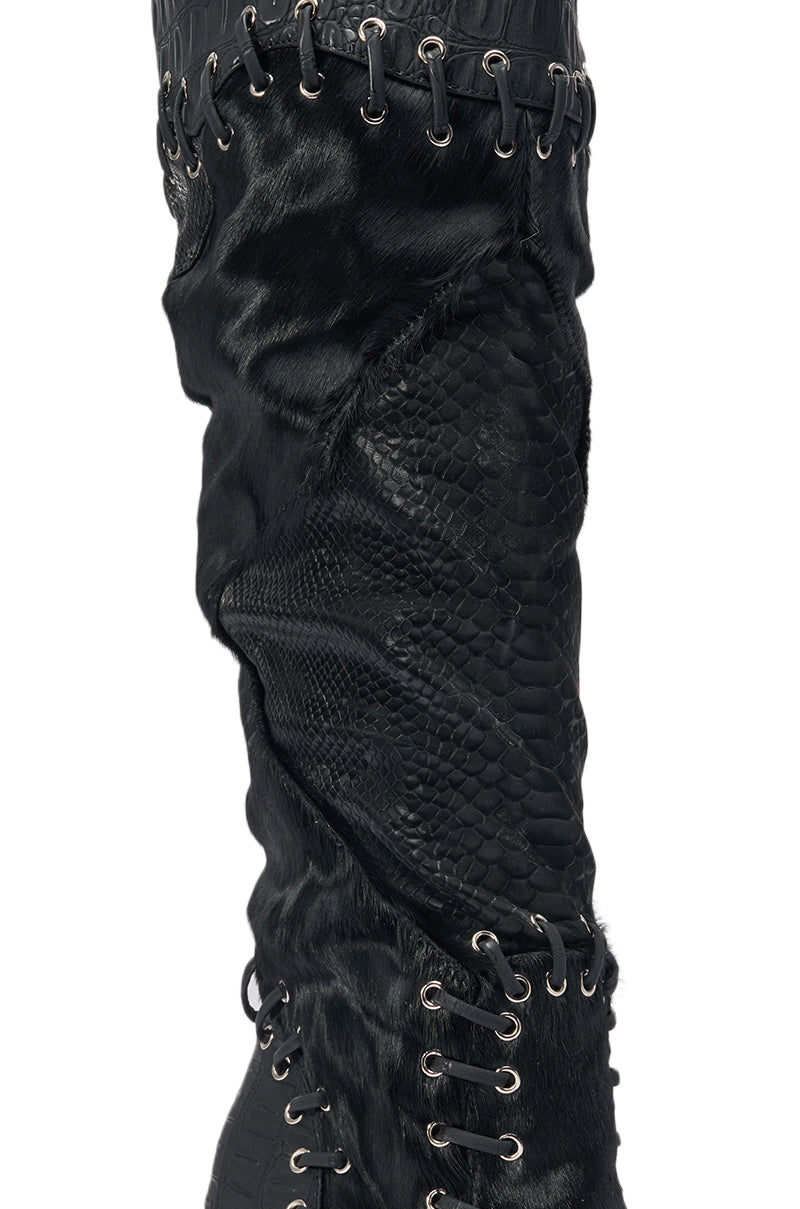 AZALEA WANG NOVAK BLACK PONY HAIR AND LACE UP STILETTO BOOT