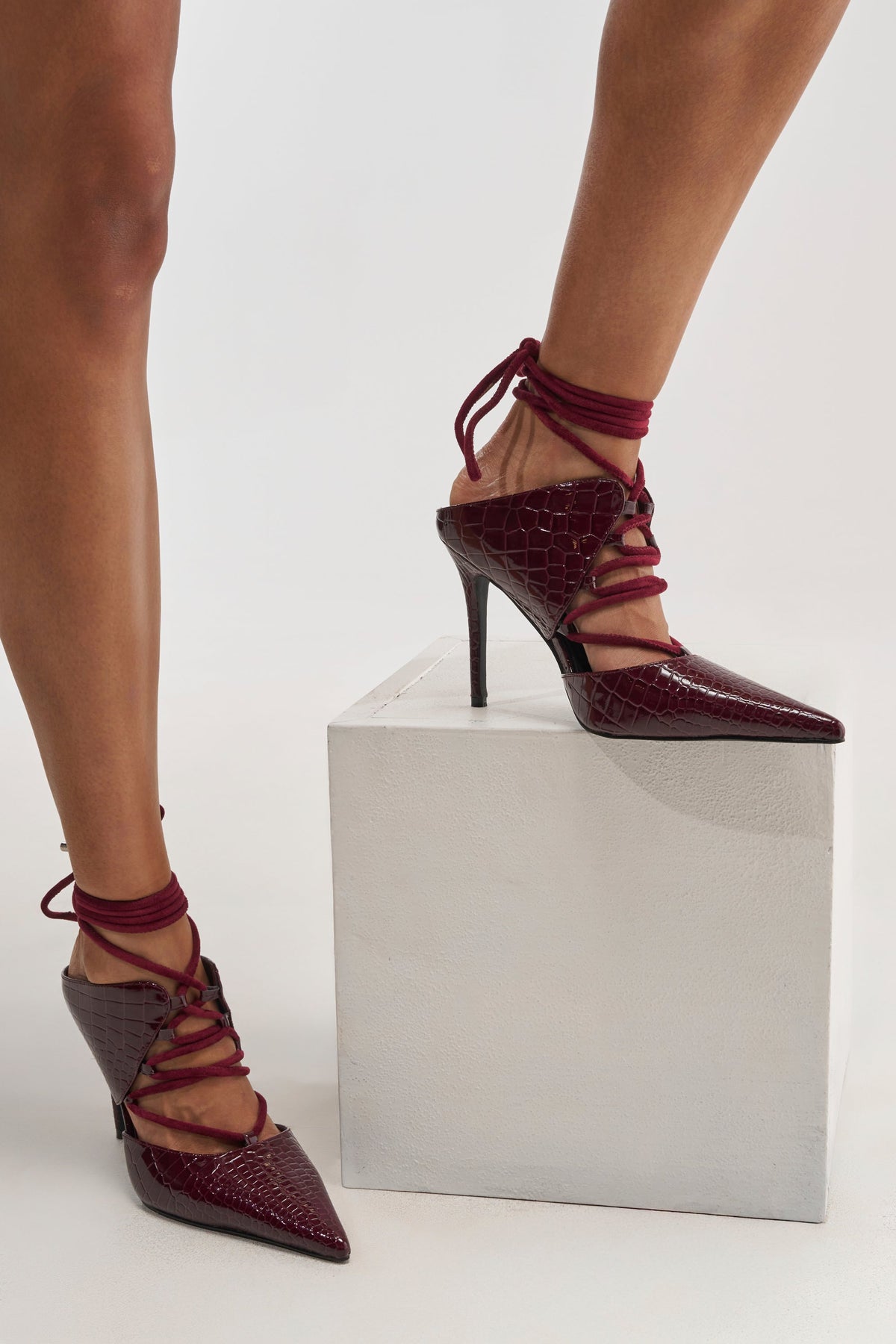 AZALEA WANG RAMONA BURGUNDY CROC LACE UP POINTED TOE PUMP