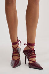 AZALEA WANG RAMONA BURGUNDY CROC LACE UP POINTED TOE PUMP