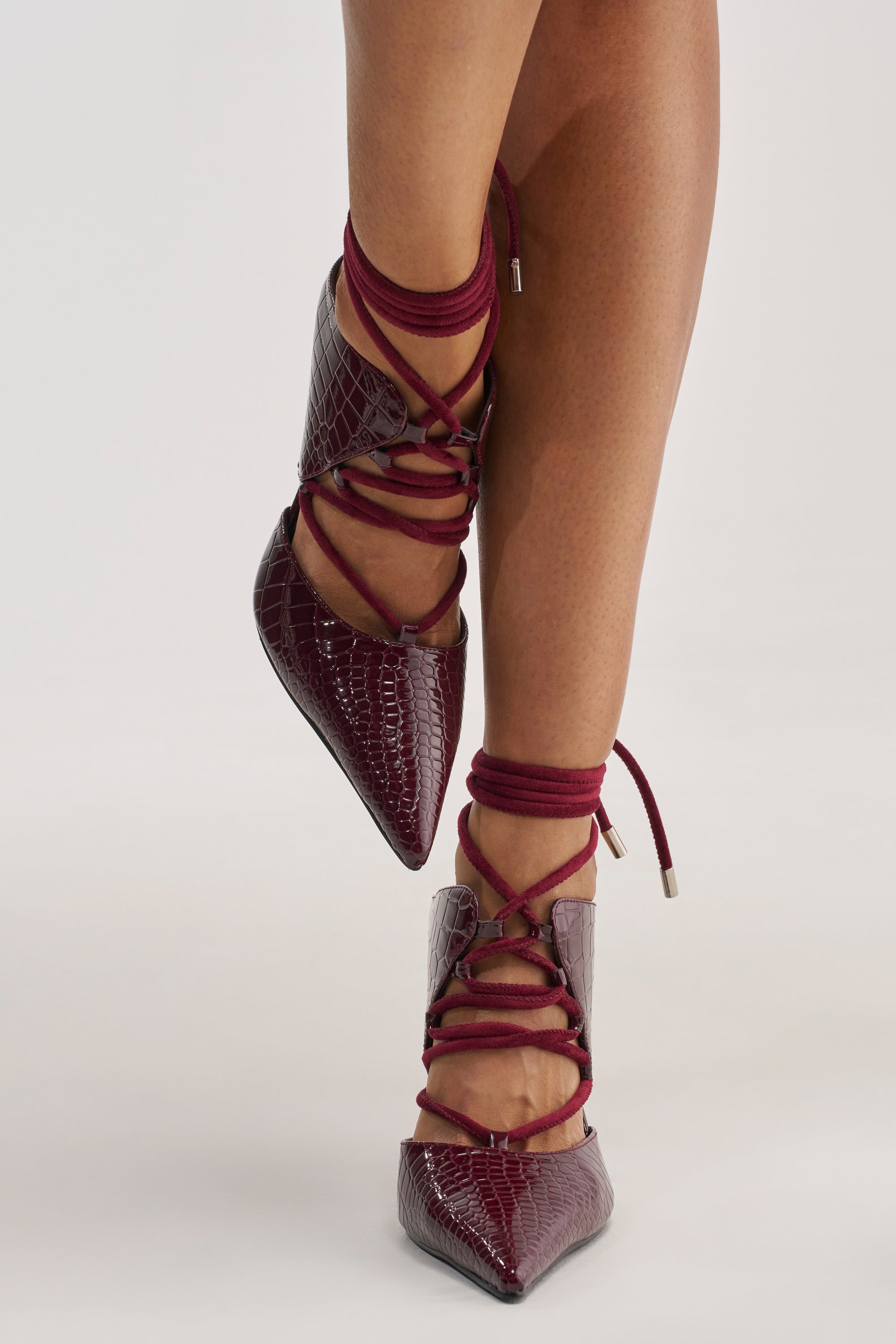 AZALEA WANG RAMONA BURGUNDY CROC LACE UP POINTED TOE PUMP