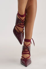 AZALEA WANG RAMONA BURGUNDY CROC LACE UP POINTED TOE PUMP