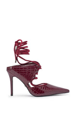 AZALEA WANG RAMONA BURGUNDY CROC LACE UP POINTED TOE PUMP