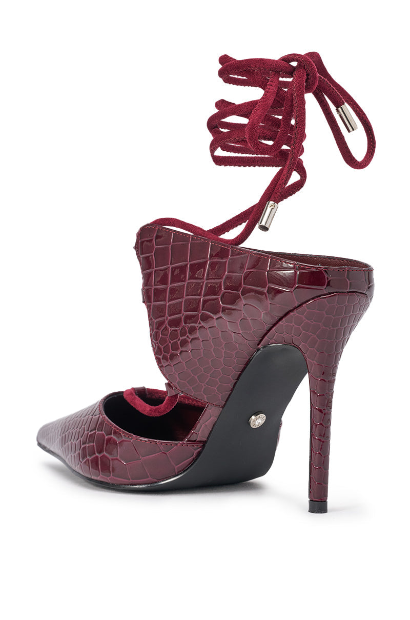 AZALEA WANG RAMONA BURGUNDY CROC LACE UP POINTED TOE PUMP