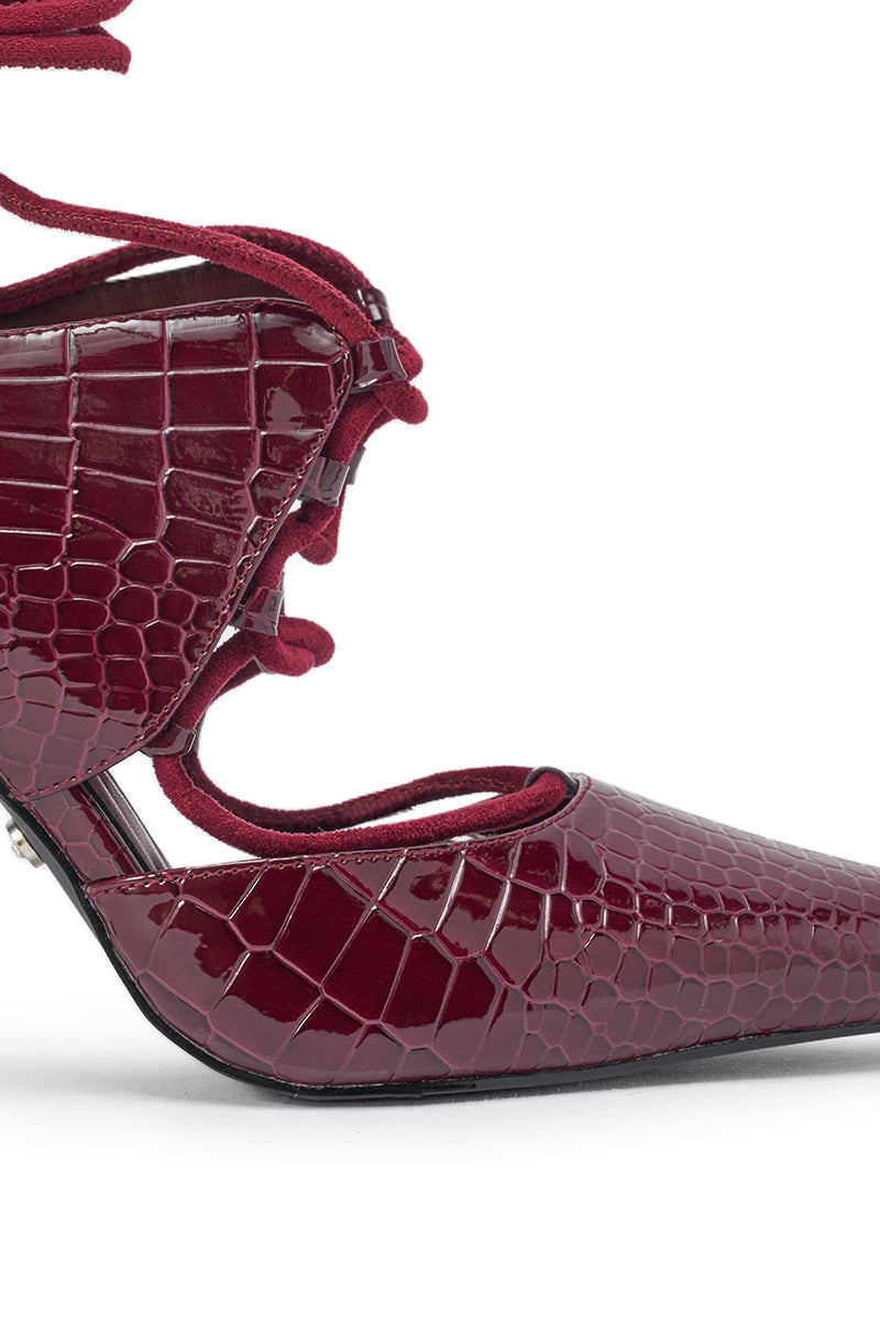 AZALEA WANG RAMONA BURGUNDY CROC LACE UP POINTED TOE PUMP