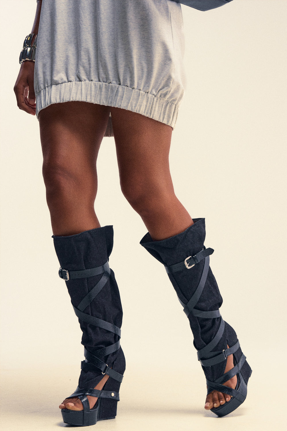 AZALEA WANG ROTHKID BLACK DENIM  KNEE HIGH OPEN TOE BOOT