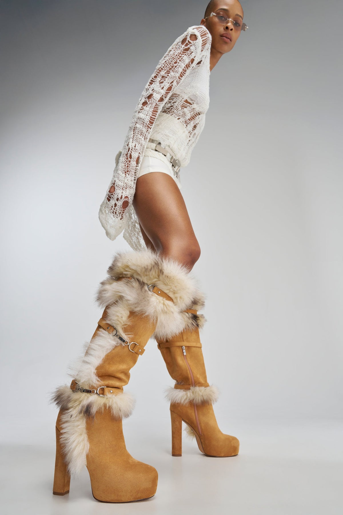 AZALEA WANG RYLAN CAMEL FAUX SUEDE AND FUR BLOCK BOOT