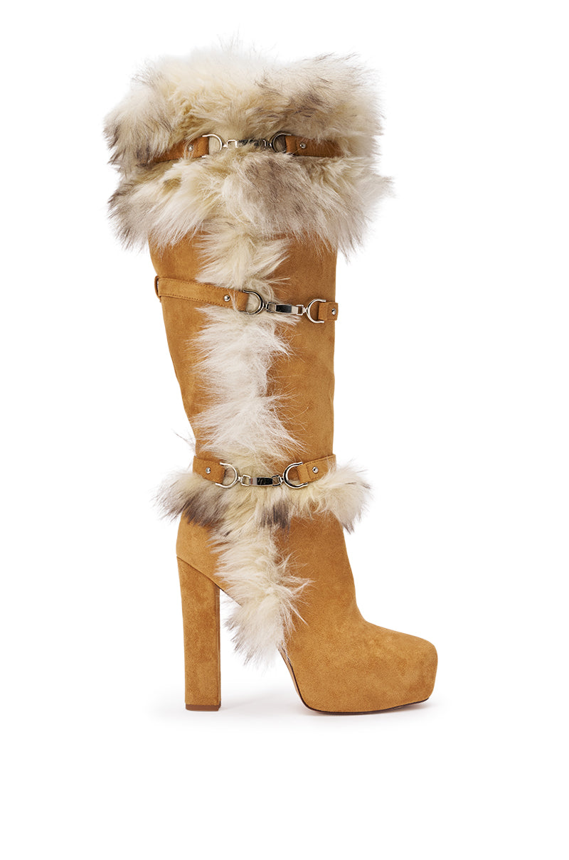 AZALEA WANG RYLAN CAMEL FAUX SUEDE AND FUR BLOCK BOOT