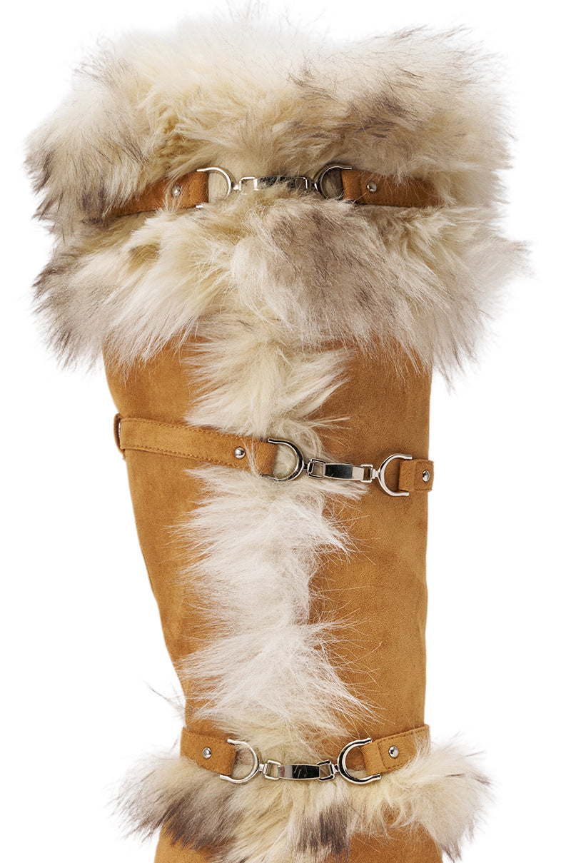 AZALEA WANG RYLAN CAMEL FAUX SUEDE AND FUR BLOCK BOOT