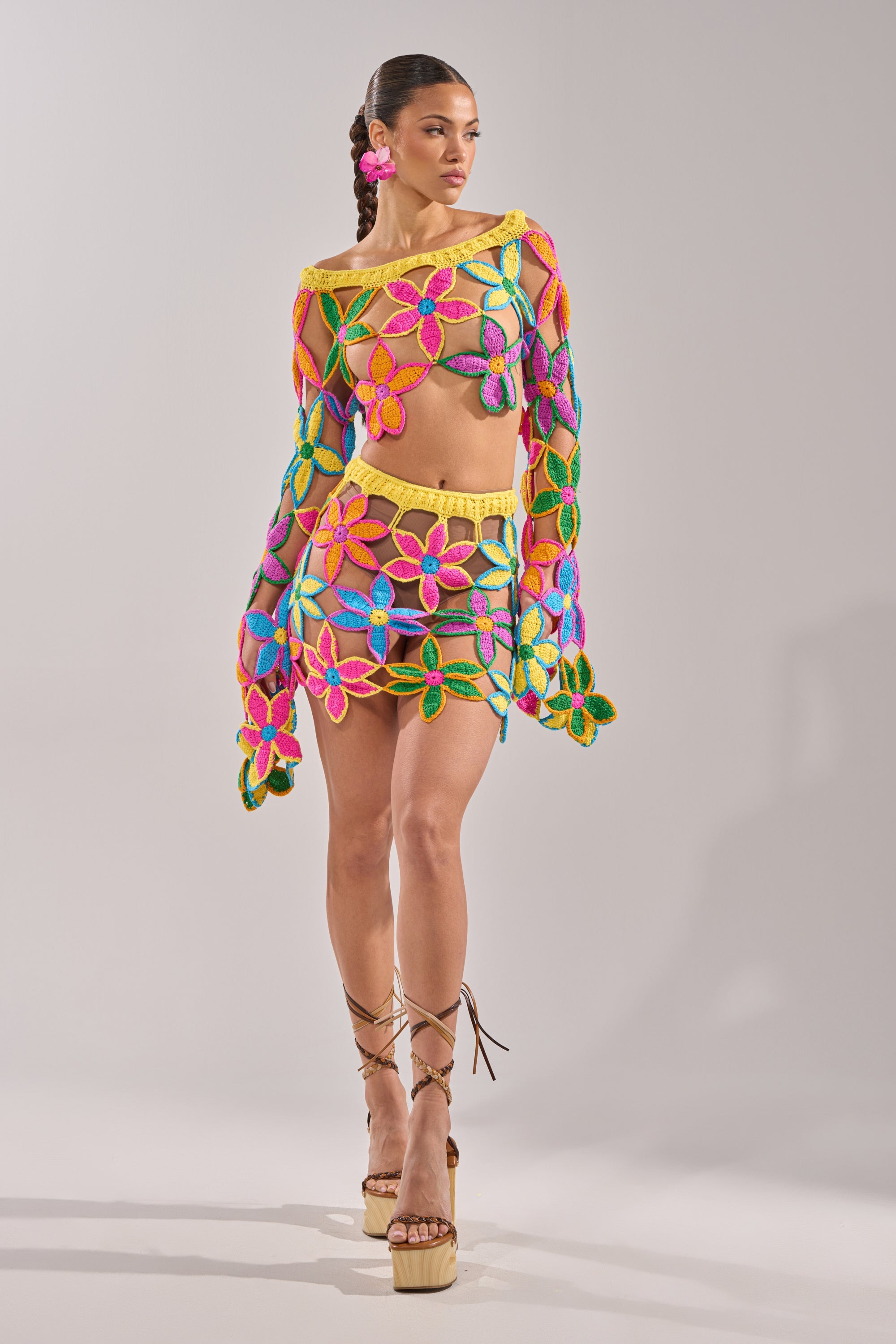 FLORAL FIELDS CROCHET OFF THE SHOULDER SWEATER