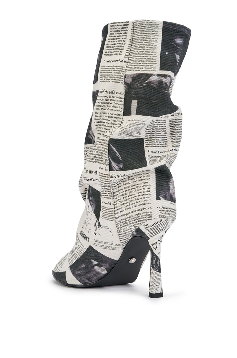 AKIRA SCREENKISS NEWSPAPER PRINT STILETTO BOOTIE