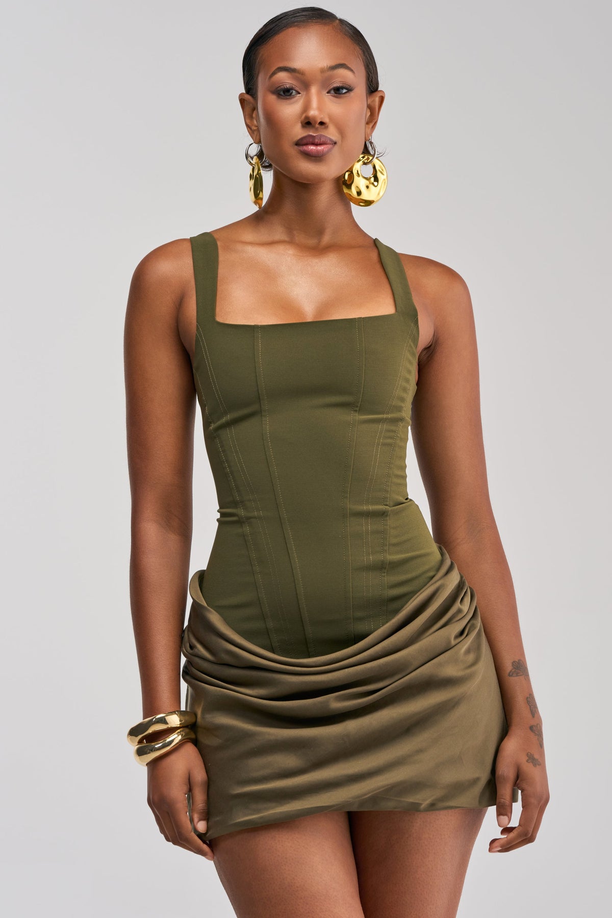 PLAY NICE CORSET MINI DRESS IN OLIVE
