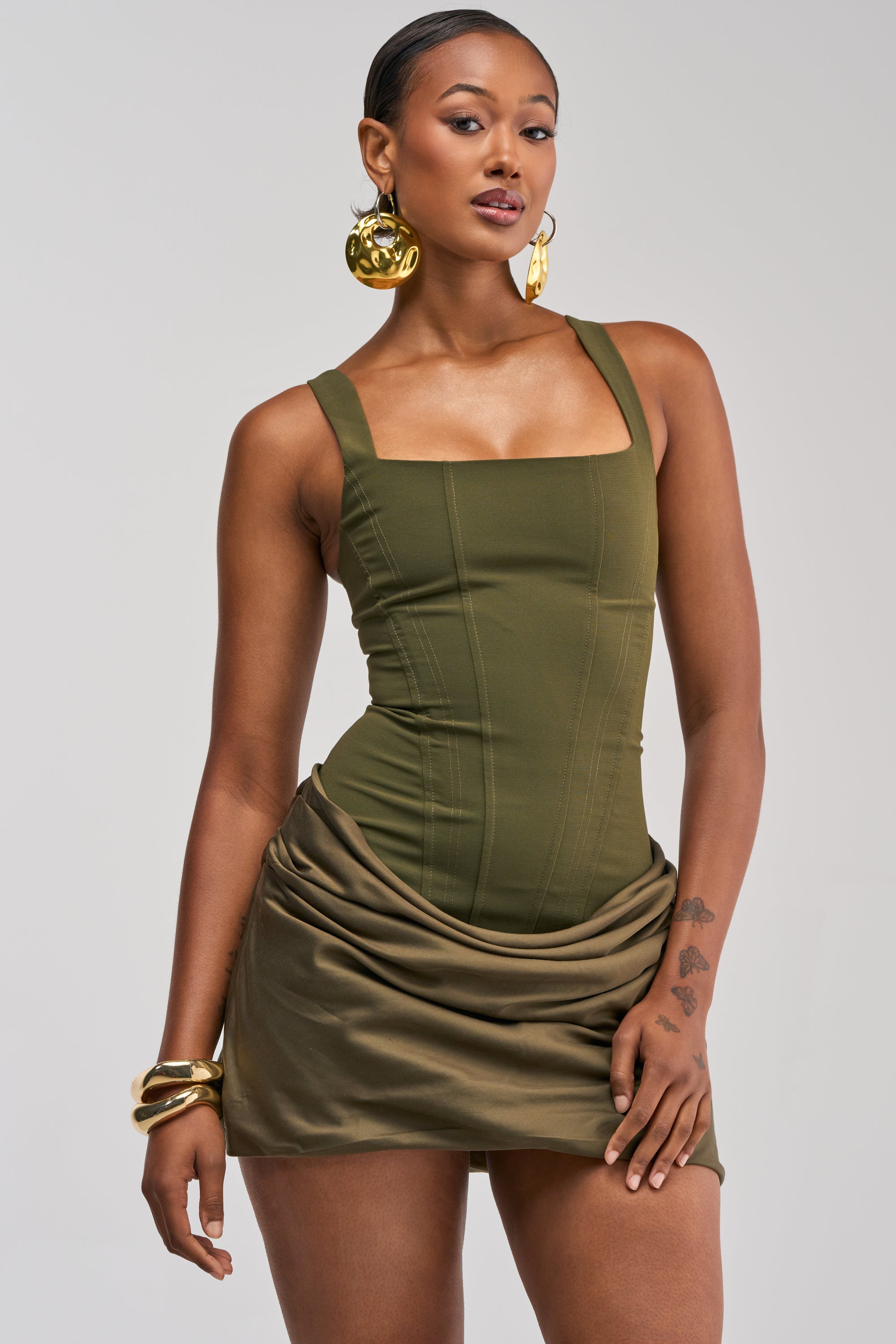 PLAY NICE CORSET MINI DRESS IN OLIVE