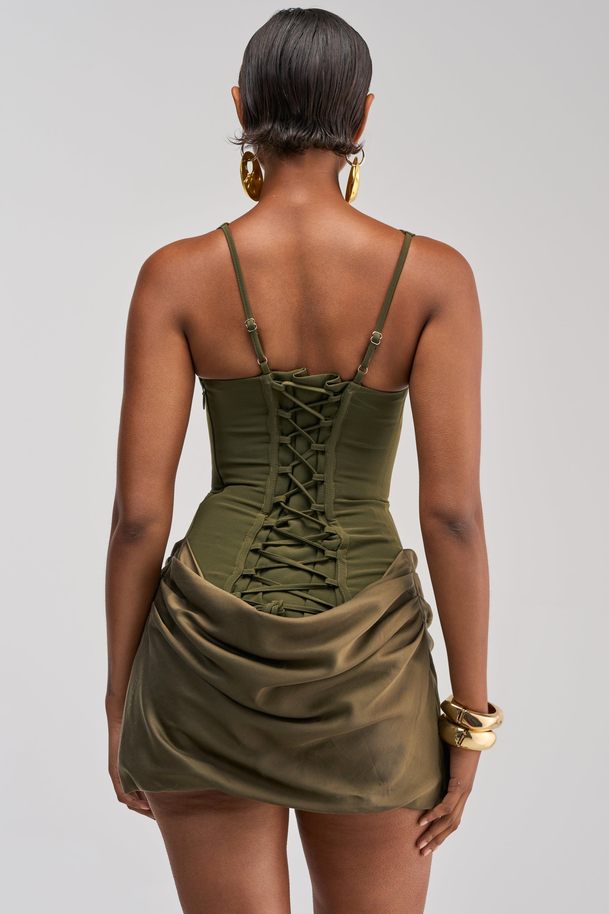 PLAY NICE CORSET MINI DRESS IN OLIVE