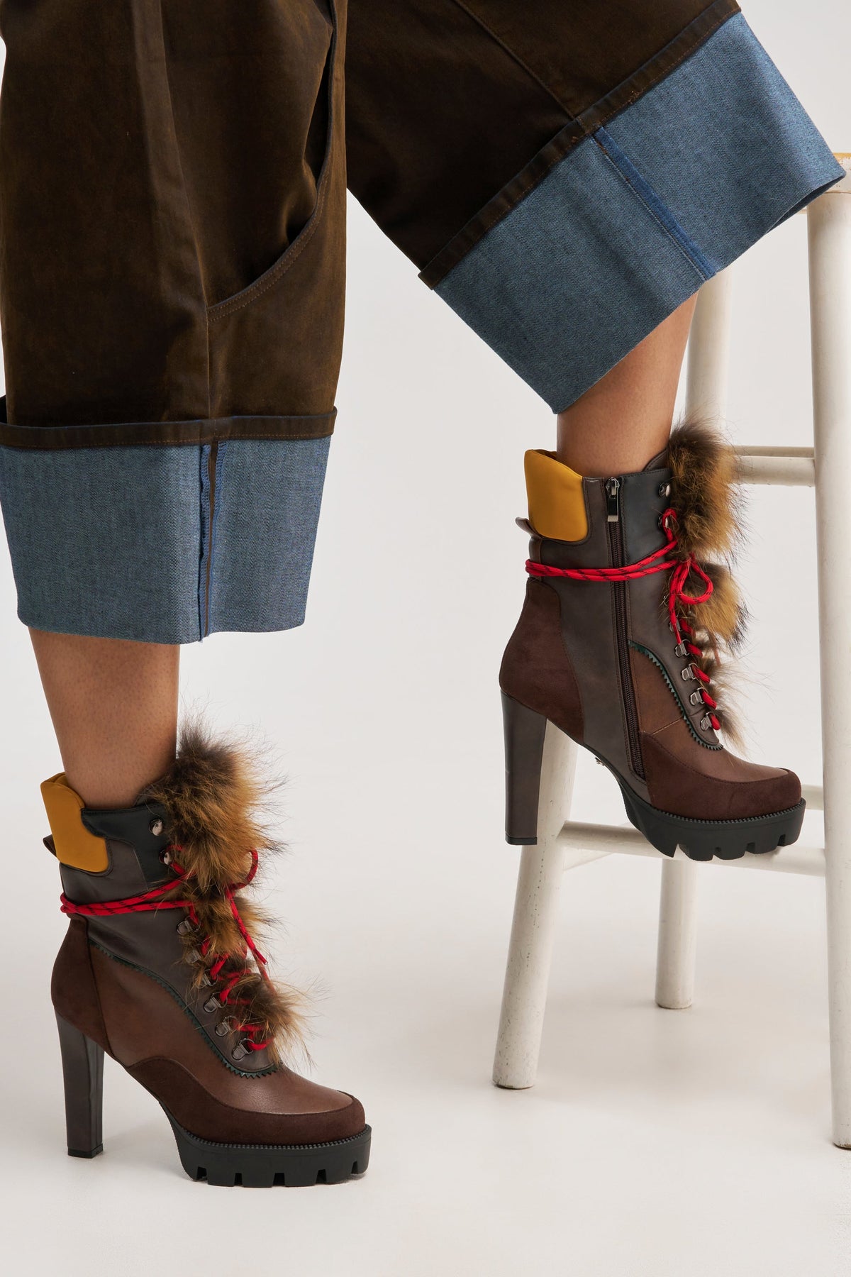 AKIRA GOLD SNUG BROWN MULTI FUR COMBAT BLOCK HEEL