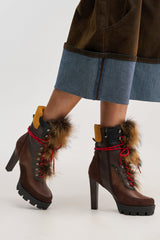 AKIRA GOLD SNUG BROWN MULTI FUR COMBAT BLOCK HEEL