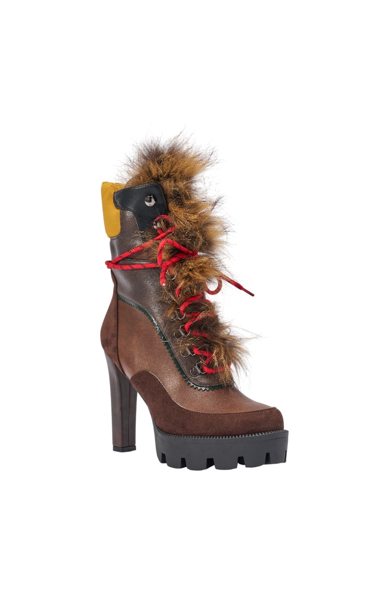 AKIRA GOLD SNUG BROWN MULTI FUR COMBAT BLOCK HEEL