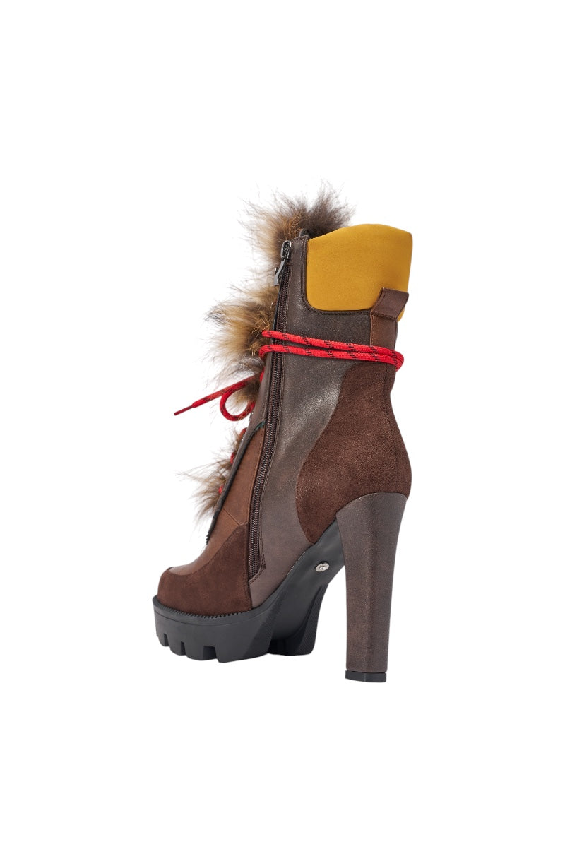 AKIRA GOLD SNUG BROWN MULTI FUR COMBAT BLOCK HEEL