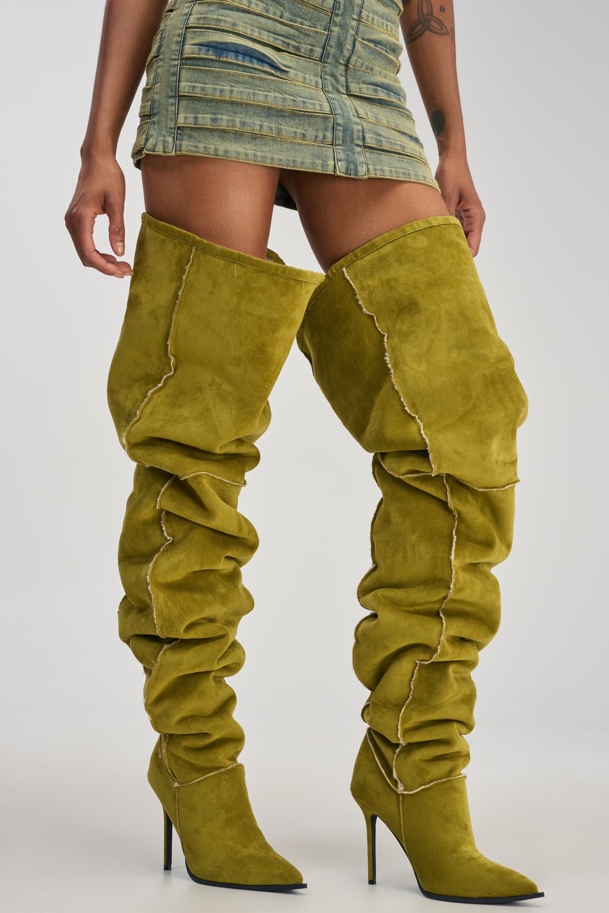 AZALEA WANG SONNET GREEN SUEDE STILETTO THIGH HIGH BOOT