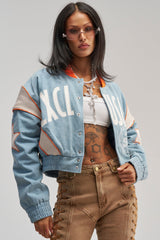 INVITE ONLY DENIM VARSITY BOMBER