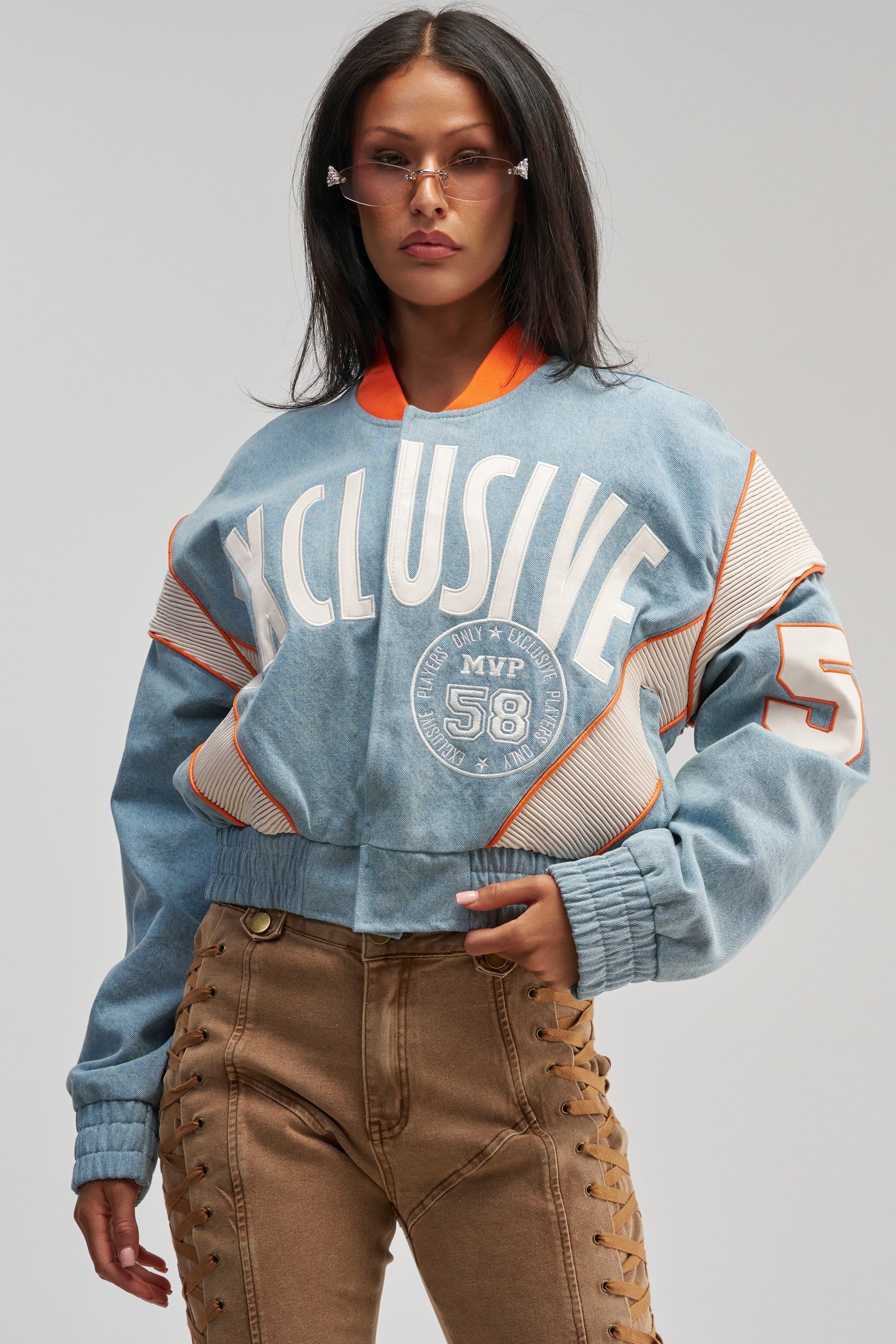 INVITE ONLY DENIM VARSITY BOMBER