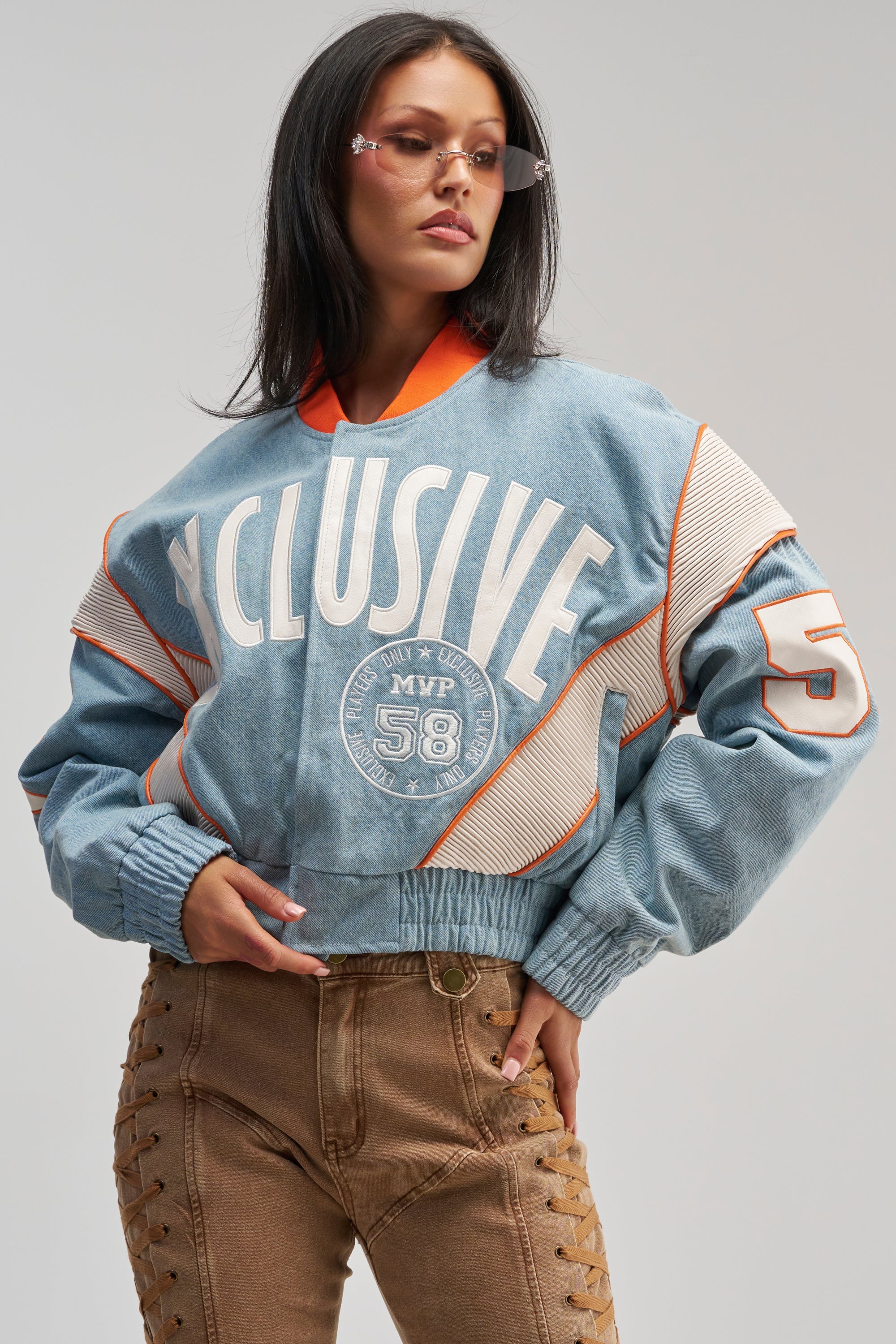 INVITE ONLY DENIM VARSITY BOMBER