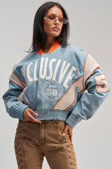 INVITE ONLY DENIM VARSITY BOMBER