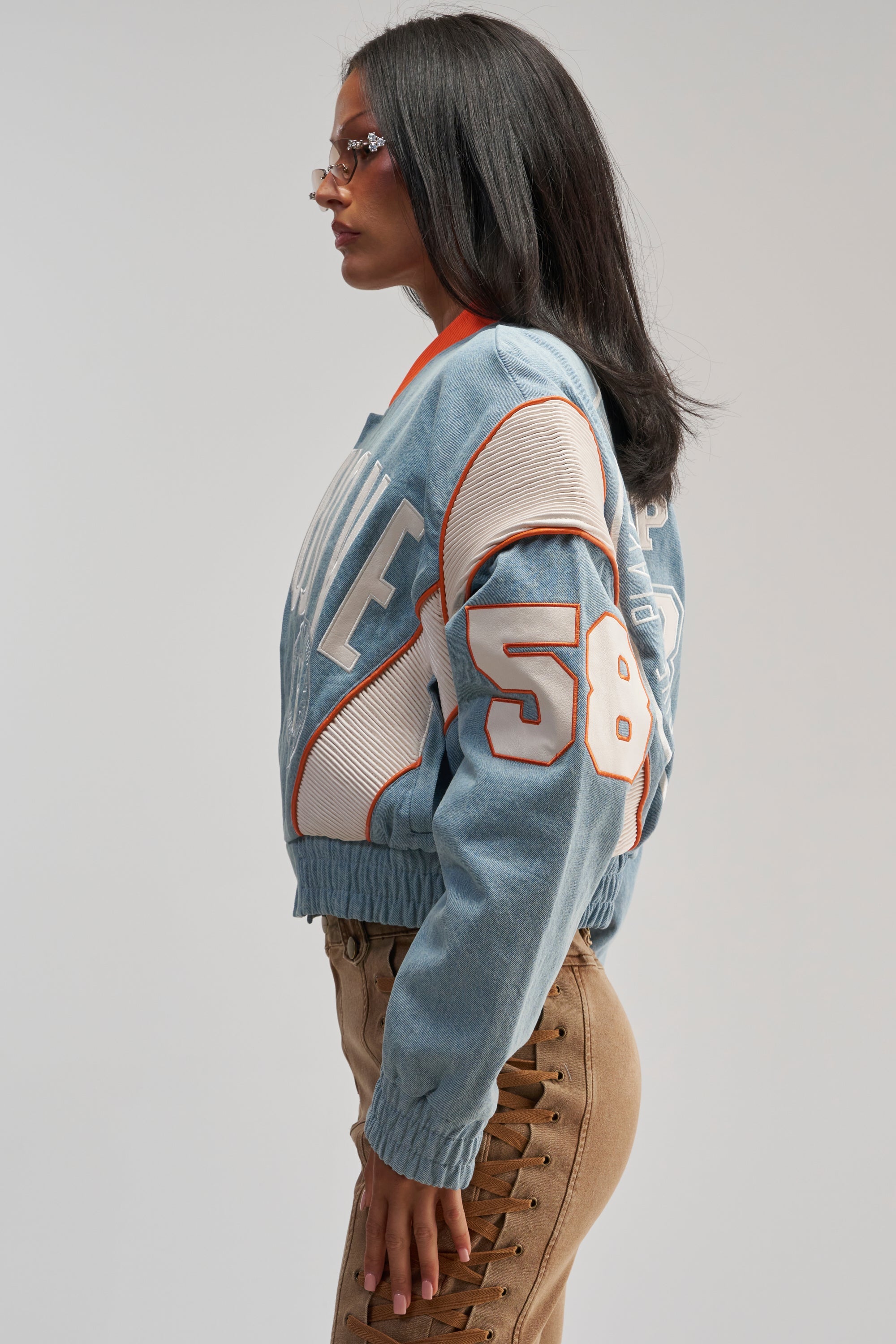 INVITE ONLY DENIM VARSITY BOMBER