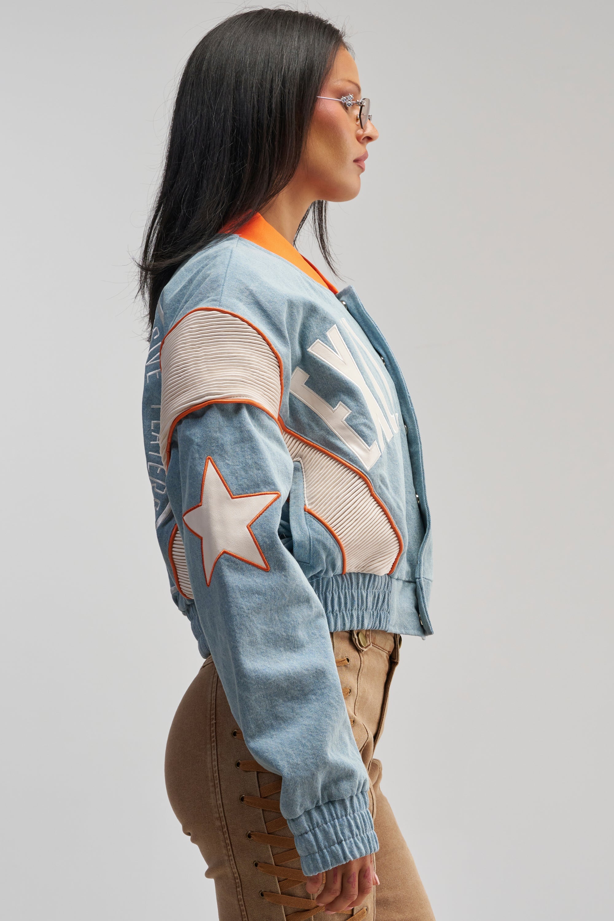 INVITE ONLY DENIM VARSITY BOMBER