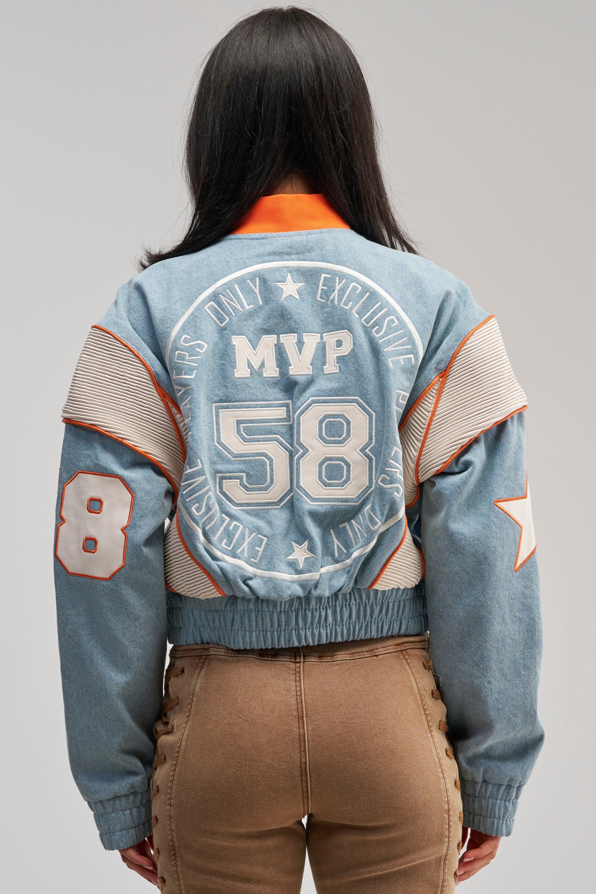 INVITE ONLY DENIM VARSITY BOMBER